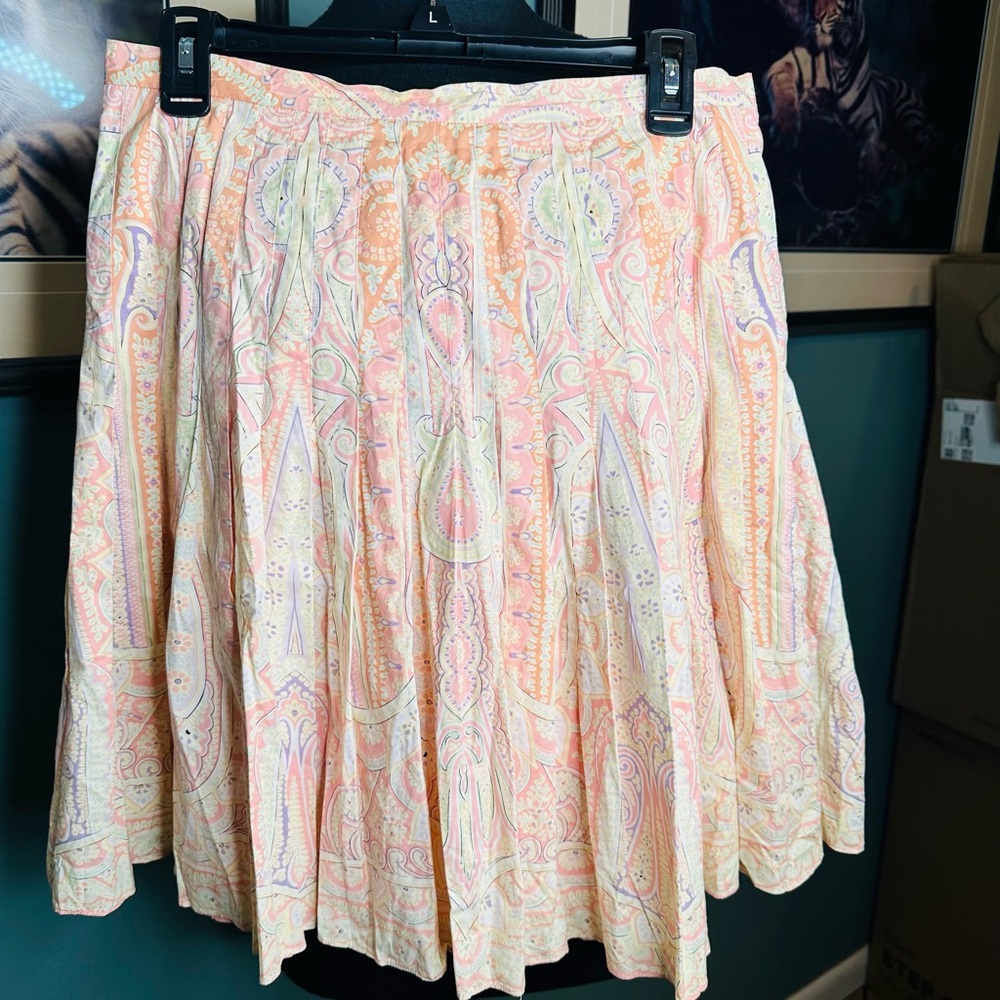 Elie Tahari Soft Pink Paisley A-Line Pleated Cotton Spring Skirt Size 8